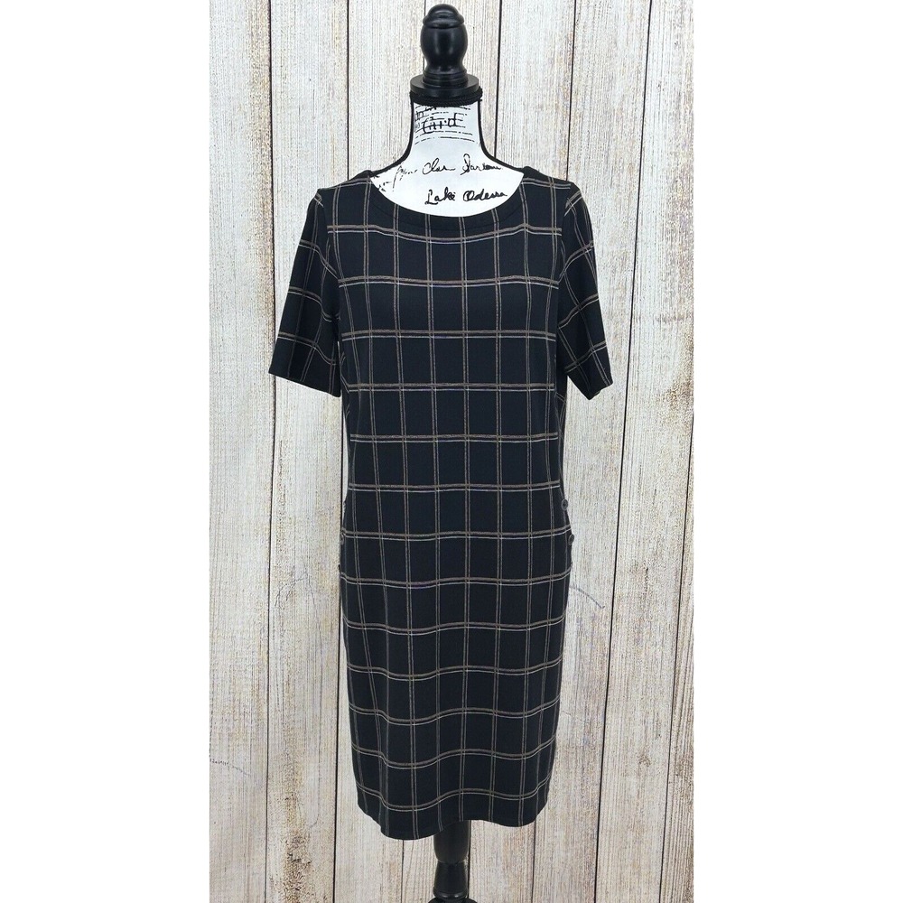 J. Jill Ponte Knit Windowpane Shift Dress Women's‎ Size Medium Plaid Gray Black
